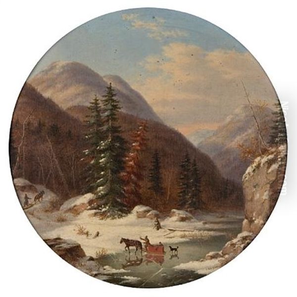 In The Mountains Below Quebec, North Shore, French Canadians In Early Winter Oil Painting by Cornelius David Krieghoff