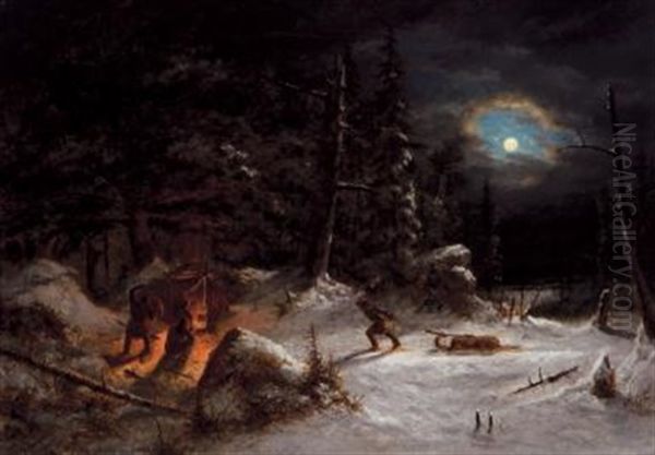 Indian Hunters Camp: Moonlight Oil Painting by Cornelius David Krieghoff