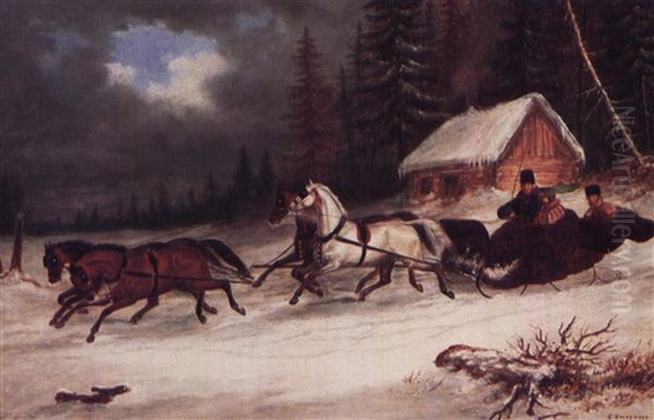 Winter Sleigh Scene Oil Painting by Cornelius David Krieghoff