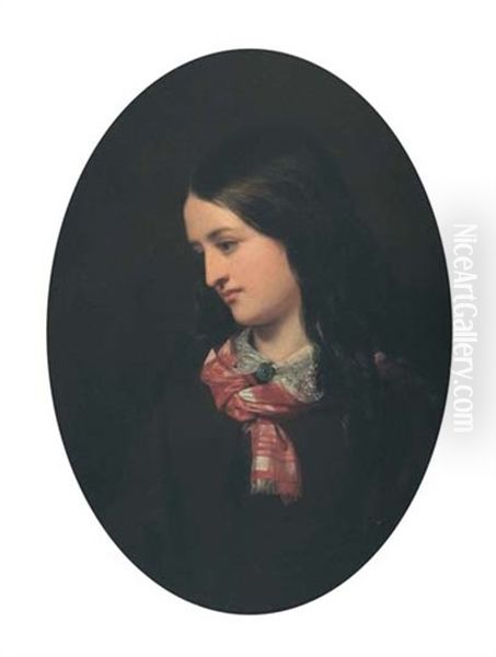 Portrait Of A Young Woman With Plaid Scarf Oil Painting by Cornelius David Krieghoff