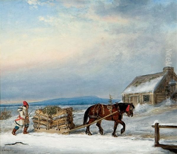 Figure, House And Sleigh In Snow Oil Painting by Cornelius David Krieghoff