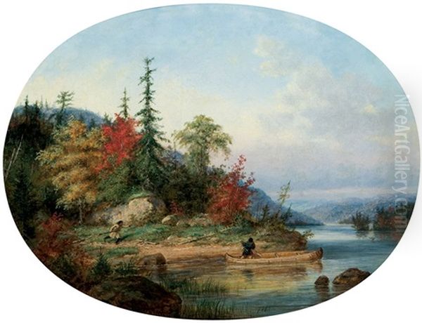 Indian Canoeist And Hunter In An Autumn Landscape by Cornelius David Krieghoff