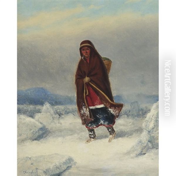 Indian Woman In A Winter Landscape Oil Painting by Cornelius David Krieghoff