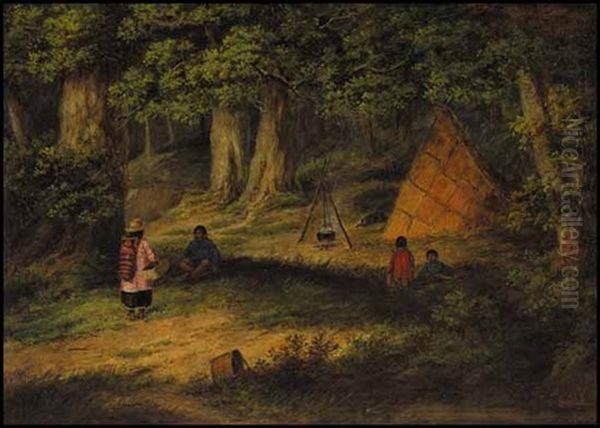 Indian Family Cooking At Camp Oil Painting by Cornelius David Krieghoff