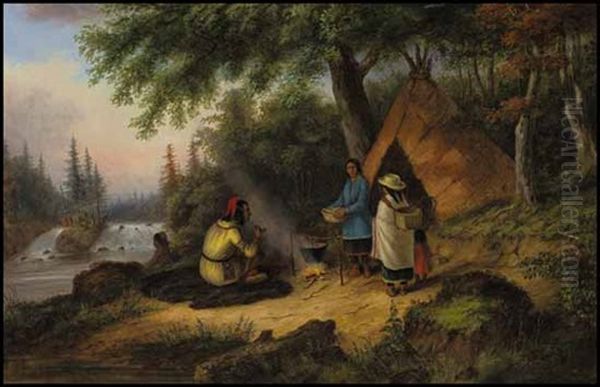 Indian Family Camp By A River Oil Painting by Cornelius David Krieghoff