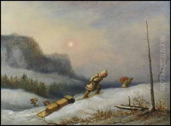 Indians On The Winter Trail Oil Painting by Cornelius David Krieghoff