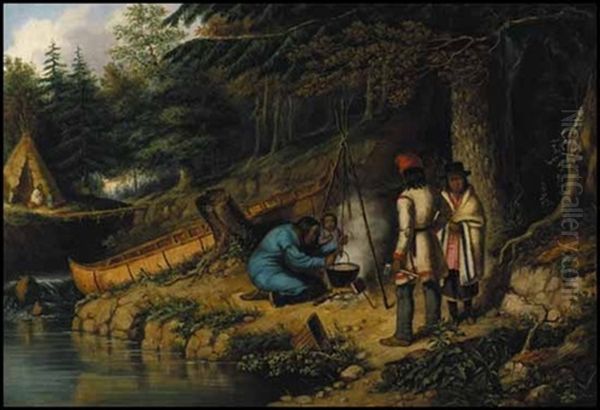 A Caughnawaga Indian Encampment Oil Painting by Cornelius David Krieghoff