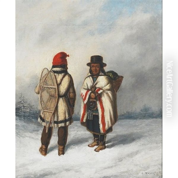 Indian Hunter And Squaw (+ Indian Moccasin Seller; 2 Works) Oil Painting by Cornelius David Krieghoff