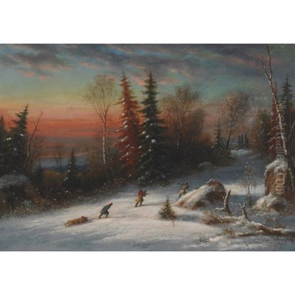 Indian Hunters In A Winter Landscape Oil Painting by Cornelius David Krieghoff