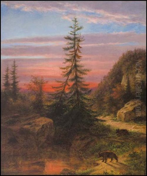 Bears Foraging At Sunset Oil Painting by Cornelius David Krieghoff