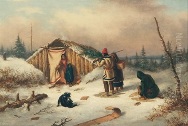 Figures Outside A Log House In A Snowy Landscape Oil Painting by Cornelius David Krieghoff