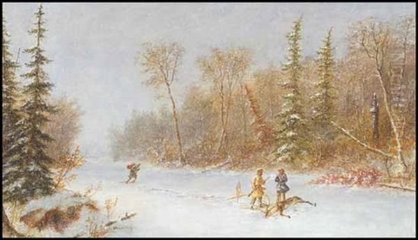 Caribou Hunters In A Winter Snow Storm Oil Painting by Cornelius David Krieghoff