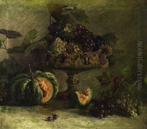 Rich Still Life With Goblet, Grapes And Pumpkin Oil Painting by A. Becker