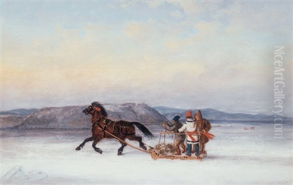 Three Habitants Sledding On The St. Lawrence At Quebec Oil Painting by Cornelius David Krieghoff