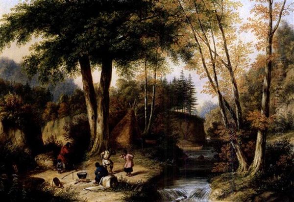 Indian Encampment By A River, Autumn Oil Painting by Cornelius David Krieghoff