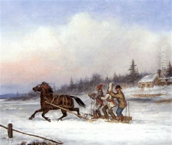 Habitants Racing In A Horsedrawn Sleigh Oil Painting by Cornelius David Krieghoff