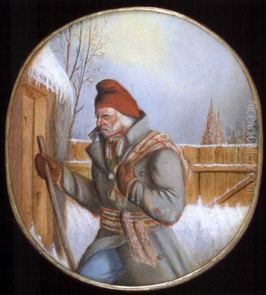 Habitant With Red Tuque, Clay Pipe And Walking Stick Oil Painting by Cornelius David Krieghoff