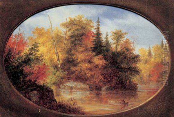 Indians Crossing The Lake, Autumn Oil Painting by Cornelius David Krieghoff