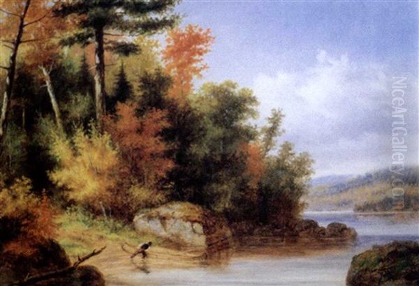 Indian Launching His Canoe, Lake Memphramagog, Autumn Oil Painting by Cornelius David Krieghoff