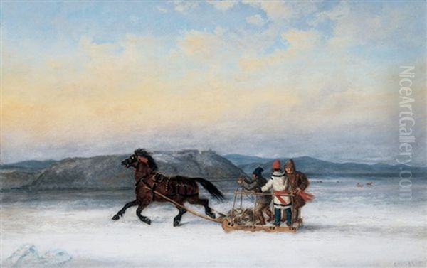 Three Habitants Sledding On The St. Lawrence At Quebec by Cornelius David Krieghoff