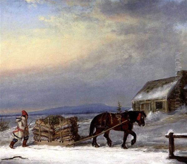 Figure, House And Sleigh In Snow Oil Painting by Cornelius David Krieghoff