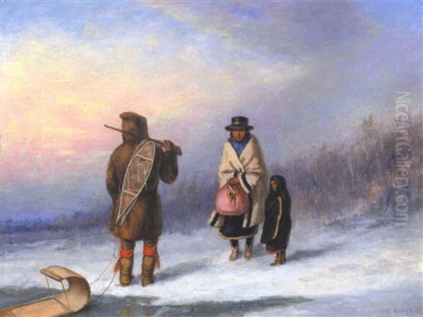 Indian Hunter With Toboggan Greeting A Native Woman And Child In A Winter Landscape, Quebec Oil Painting by Cornelius David Krieghoff