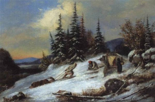 Indian Family Camping In Winter Oil Painting by Cornelius David Krieghoff