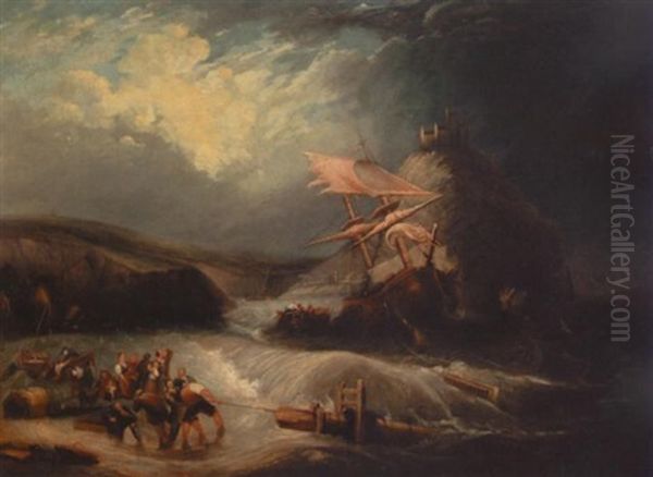 Salvaging A Shipwreck Off A Stormy Coast Oil Painting by Cornelius David Krieghoff