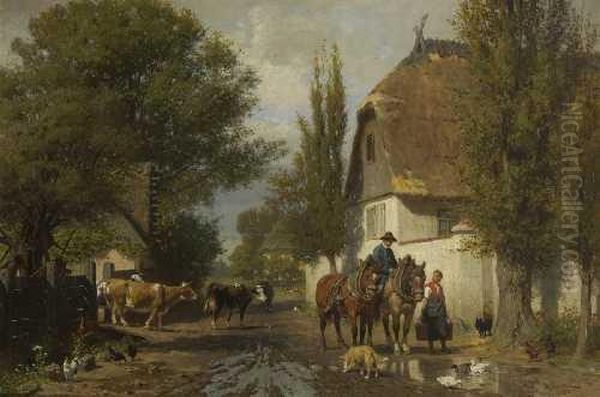 Unterhaltung Auf Der Dorfstrase. Oil Painting by Albert Becker