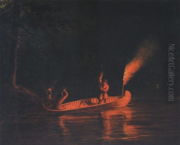 Spearing Salmon By Torchlight Oil Painting by Cornelius David Krieghoff