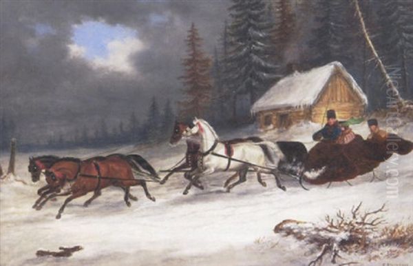 Winter Sleigh Scene Oil Painting by Cornelius David Krieghoff