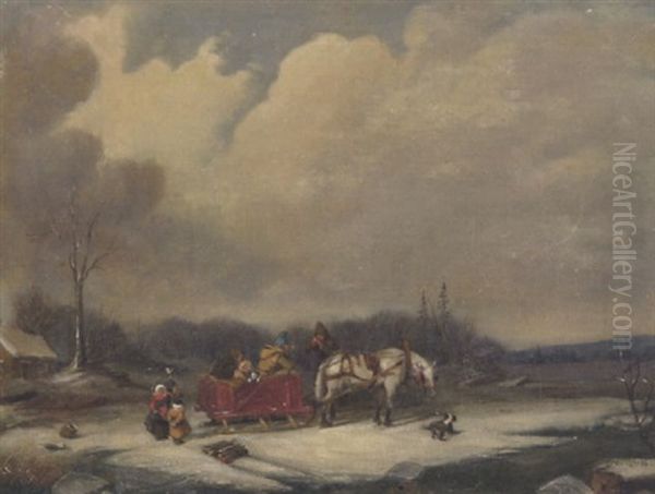 Habitant Family With Horse And Sleigh Oil Painting by Cornelius David Krieghoff