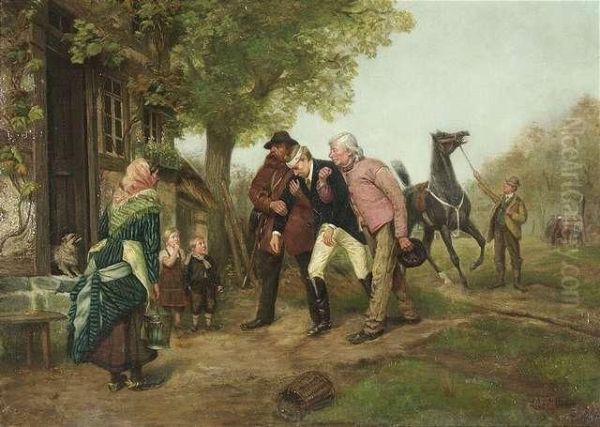 After A Ridingaccident Oil Painting by Albert Becker