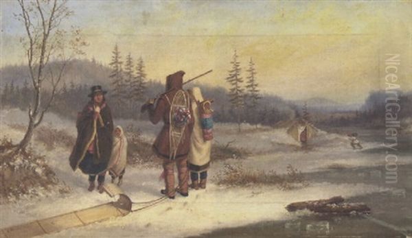 Indian Family By The River In Winter Oil Painting by Cornelius David Krieghoff