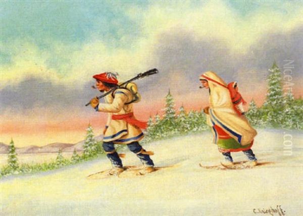 Indian Family Crossing Snowy Field Oil Painting by Cornelius David Krieghoff