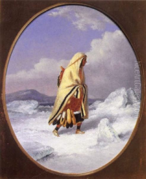 Moccasin Seller With Papoose Crossing The Ice Oil Painting by Cornelius David Krieghoff