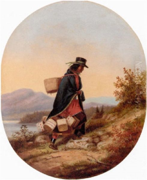 Indian Basket Seller In Autumn Landscape Oil Painting by Cornelius David Krieghoff