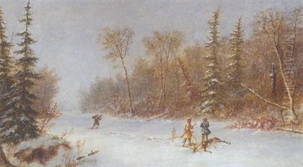 Caribou Hunters In A Winter Snow Storm Oil Painting by Cornelius David Krieghoff