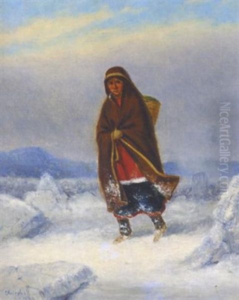 Indian Woman In A Winter Landscape Oil Painting by Cornelius David Krieghoff