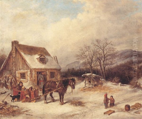 Habitant Home In Winter Oil Painting by Cornelius David Krieghoff