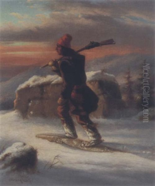 Indian Hunter, Winter Sunset Oil Painting by Cornelius David Krieghoff