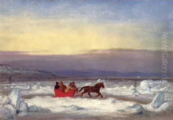 French Canadians Crossing The Frozen St. Lawrence, A View Of The Citadel In The Distance Oil Painting by Cornelius David Krieghoff