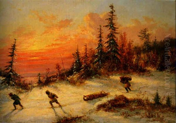 Indian Hunters Crossing A Winter Clearing At Sunset Oil Painting by Cornelius David Krieghoff