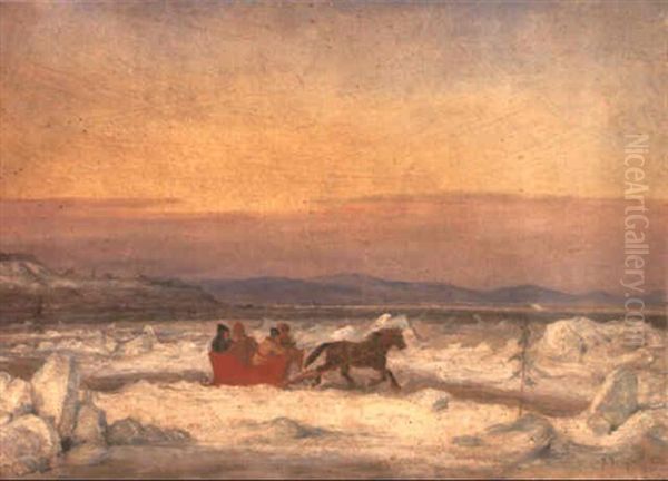 French Canadians Crossing The Frozen St. Lawrence, Citadel Of Quebec Beyon Oil Painting by Cornelius David Krieghoff