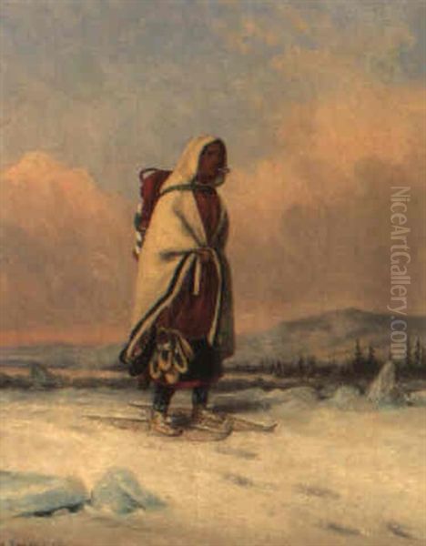 Indian Squaw Crossing A Frozen River Oil Painting by Cornelius David Krieghoff