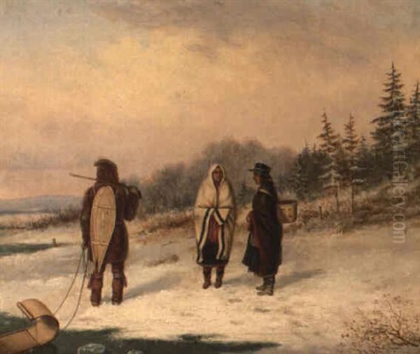 Three Indian Figures In A Winter Landscape Oil Painting by Cornelius David Krieghoff