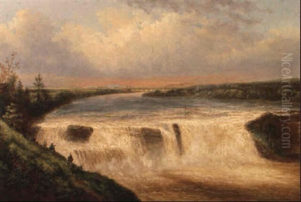 Falls Of The Chaudiere River, Train In The Distance Oil Painting by Cornelius David Krieghoff