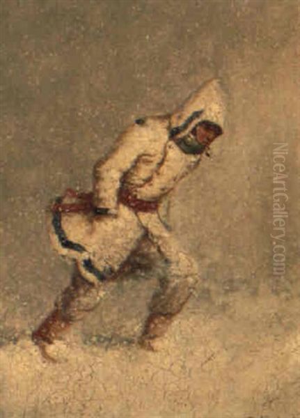 Figure In A Snowstorm Oil Painting by Cornelius David Krieghoff