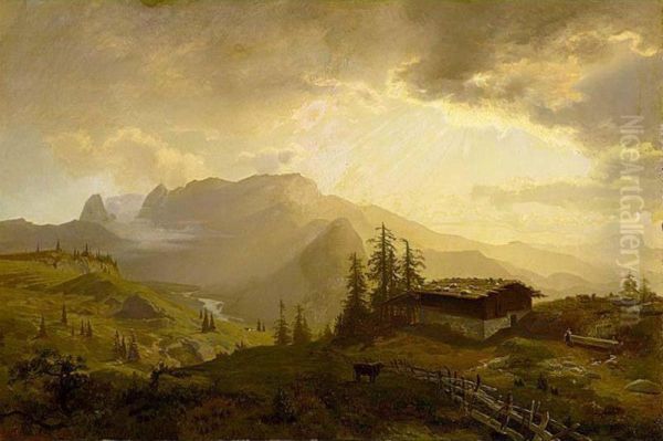 Early Morning In The Alps Oil Painting by Ernst August Becker