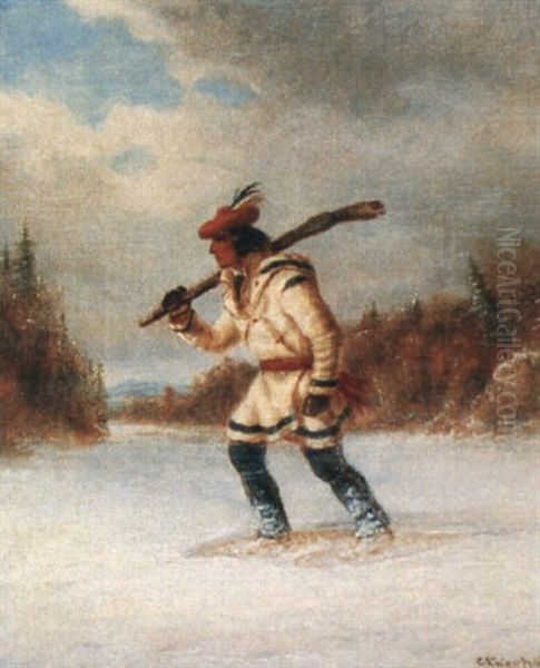 Hunter Traversing A Winter River Oil Painting by Cornelius David Krieghoff